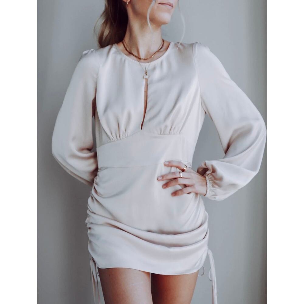VICI The Myles Satin Ruched Mini Dress Champagne Small S